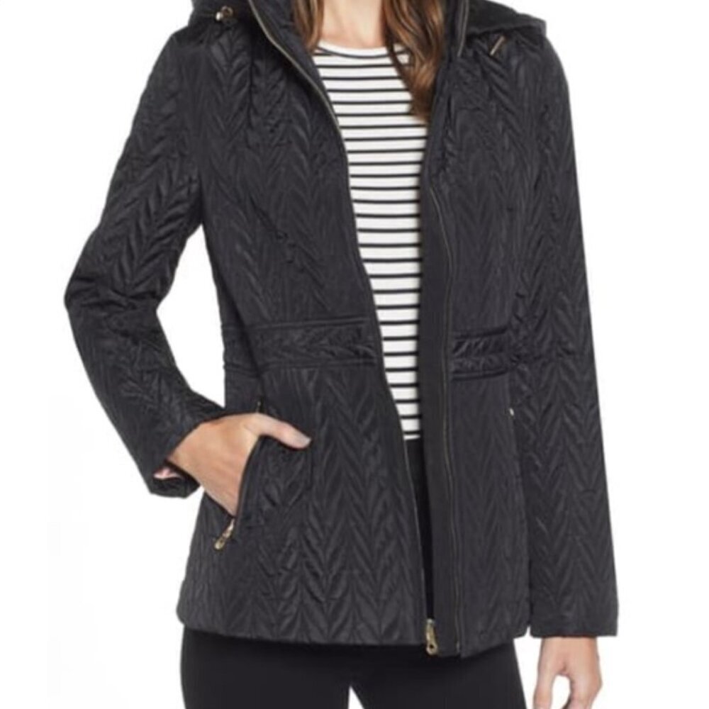 Kate Spade Jacket Coat Chevron Quilted Full Zip Hooded Navy Blue Size M Medium
